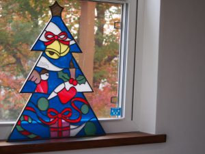 青のクリスマスツリーのグラスアート